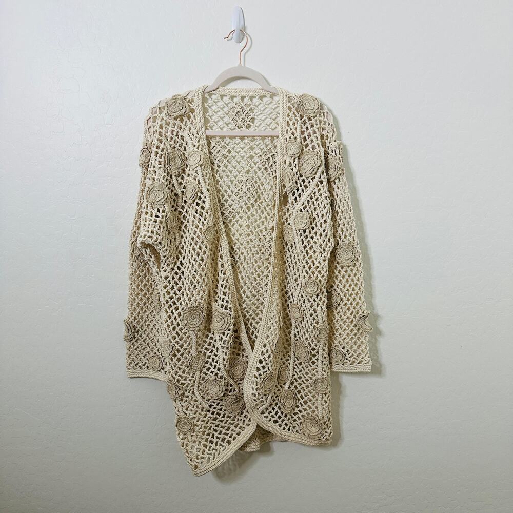 Lim's Vintage Handmade Crocheted Boho Cream Duster Floral Applique